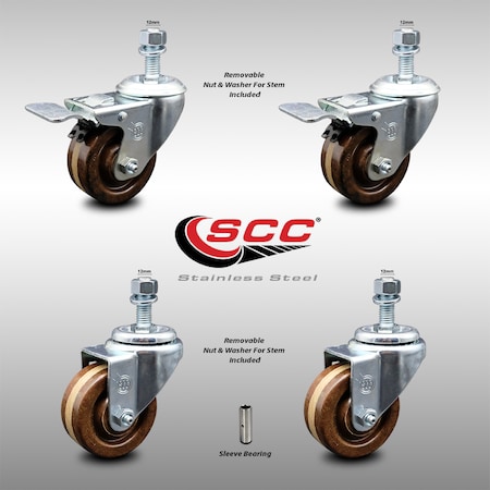 Service Caster 3 Inch SS High Temp Phenolic 12mm Stem Caster Total Lock Brake SCC, 2PK SCC-SSTSTTL20S314-PHSHT-M1215-2-S-2